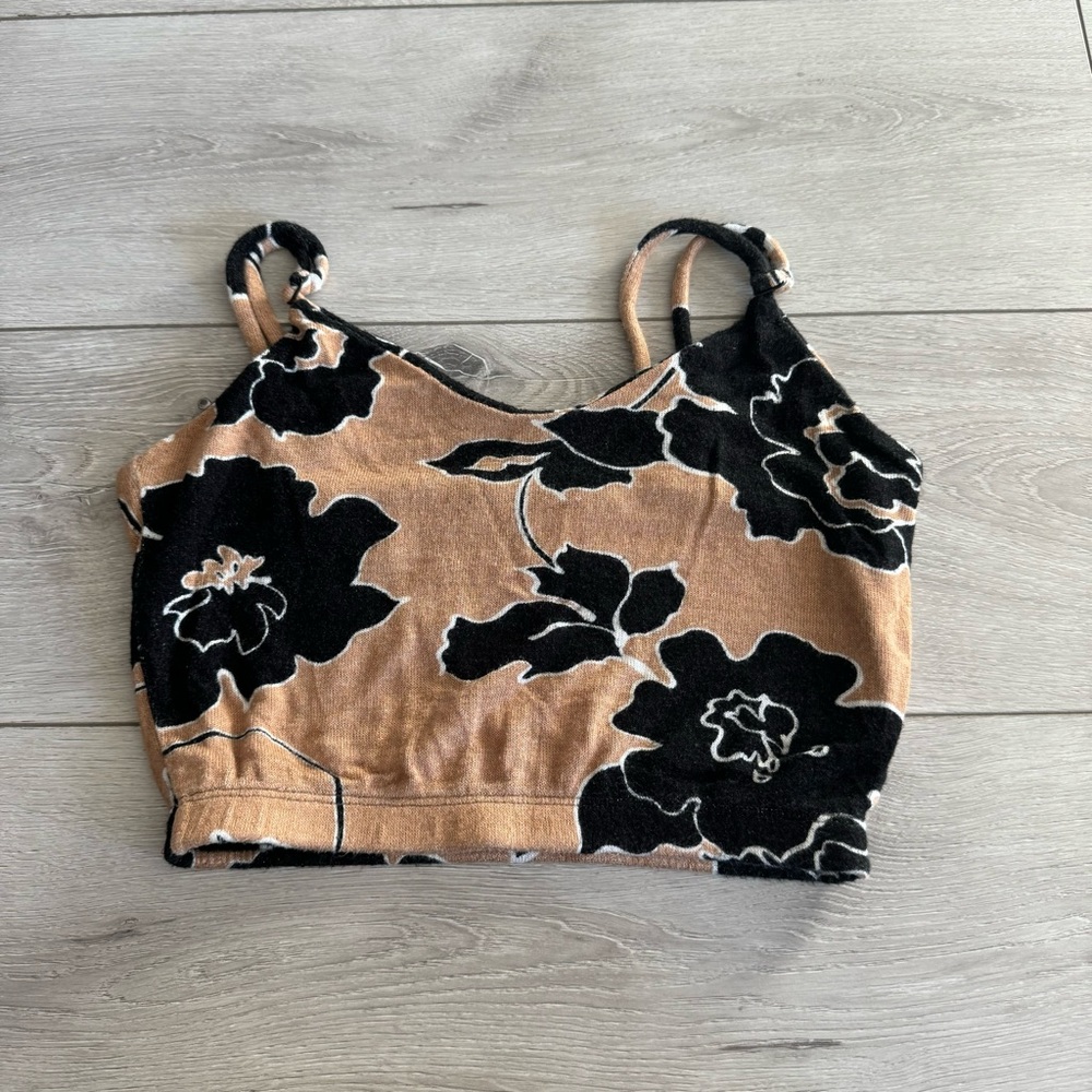 LESET Lori Black Tan Floral Print Stretch Jersey Tank Top Women's Medium…